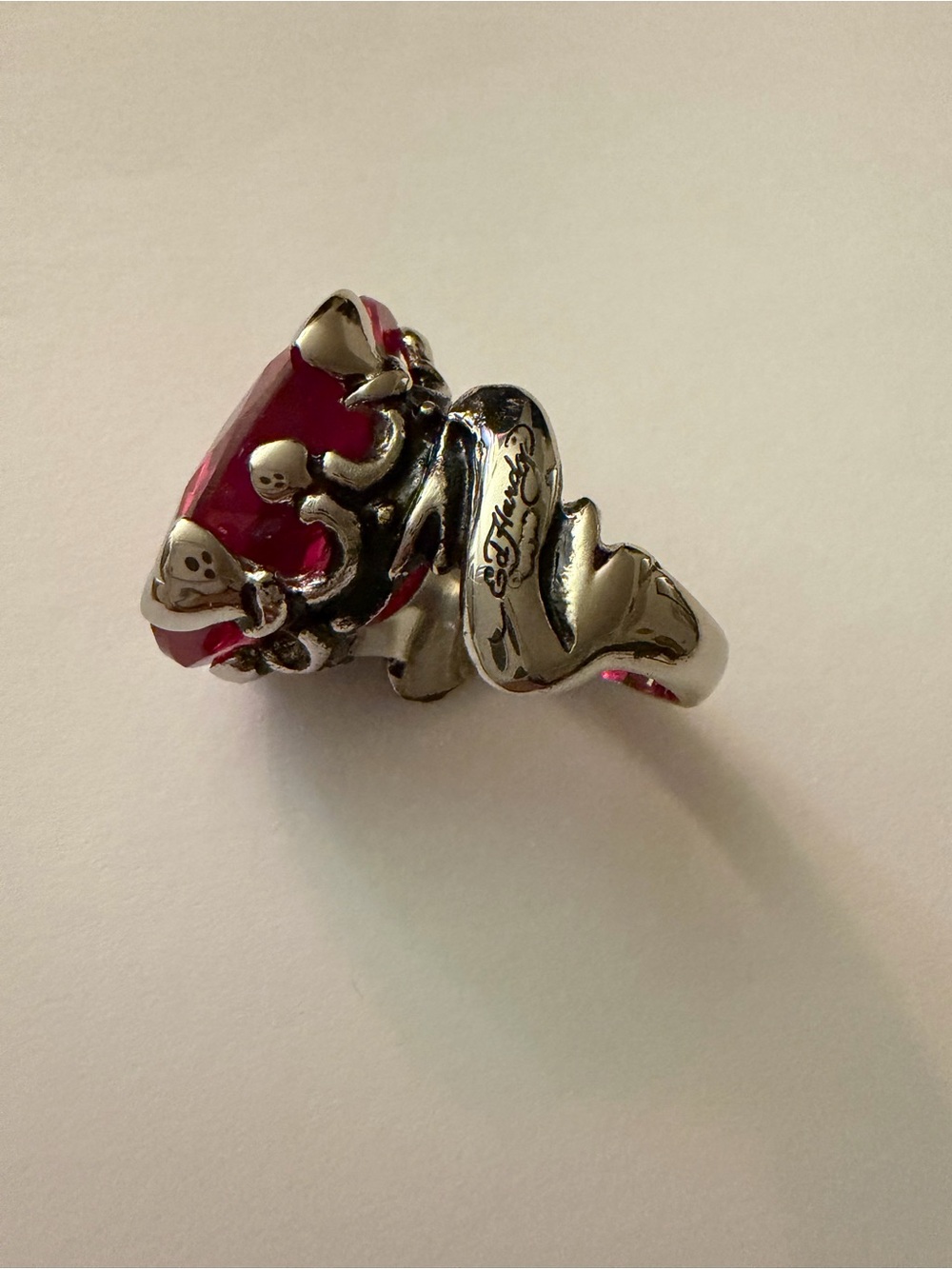 Ed Hardy Silver-Tone Ring with Deep Red Gemstone size 6